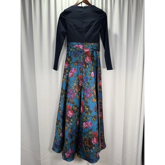 Theia Tabitha Long Sleeve Gown Dress Women's Size 4 Floral Navy Blue - Picture 7 of 14
